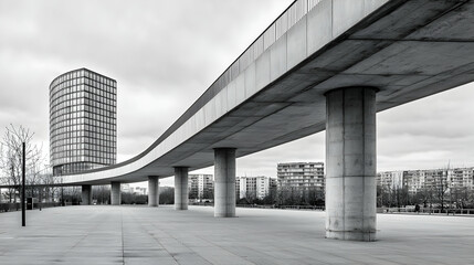 Elevated Concrete Bridge Structure In Urban Environment With Highrise Buildings And Monochrome Tones