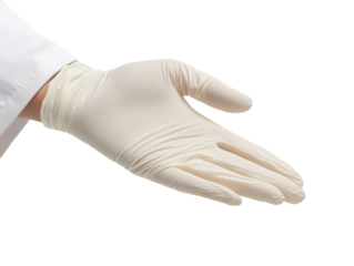 Medical glove ready for examination or procedure in clinical setting on a transparent background, cut out