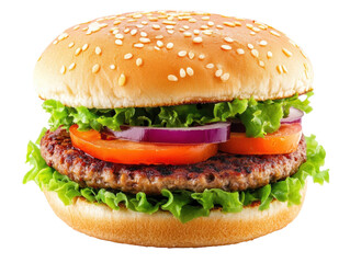 Juicy hamburger with sesame bun and fresh toppings on a transparent background, cut out