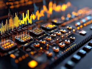 AI-Powered Financial Trading Revolution Explore the future of stock markets with advanced AI and Machine Learning automating trading processes Visualize holographic graphs displaying real-time data