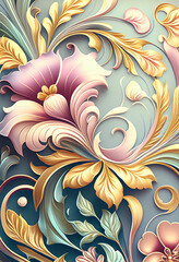 Barokowy wzór kwiatowy – bogaty ornament roślinny w stylu vintage, kolorowa dekoracja, elegancka grafika artystyczna, florystyczny motyw z detalami, luksusowy design, tradycyjna sztuka ornamentalna, i