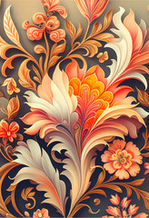 Barokowy wzór kwiatowy – bogaty ornament roślinny w stylu vintage, kolorowa dekoracja, elegancka grafika artystyczna, florystyczny motyw z detalami, luksusowy design, tradycyjna sztuka ornamentalna, i