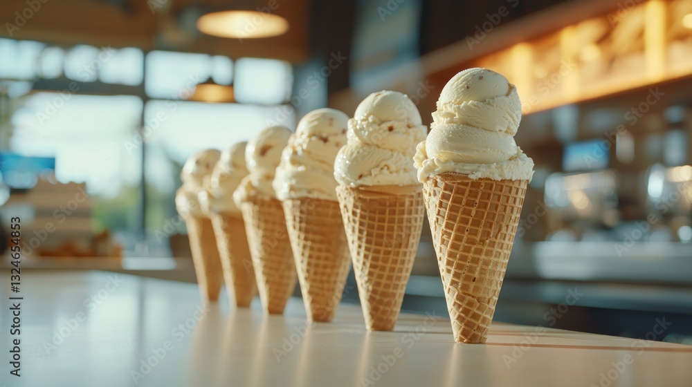 Poster five ice cream cones in a row on a counter.