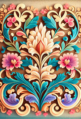 Barokowy wzór kwiatowy – bogaty ornament roślinny w stylu vintage, kolorowa dekoracja, elegancka grafika artystyczna, florystyczny motyw z detalami, luksusowy design, tradycyjna sztuka ornamentalna, i