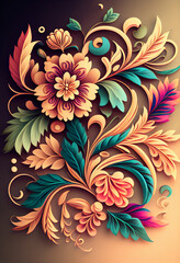 Barokowy wzór kwiatowy – bogaty ornament roślinny w stylu vintage, kolorowa dekoracja, elegancka grafika artystyczna, florystyczny motyw z detalami, luksusowy design, tradycyjna sztuka ornamentalna, i