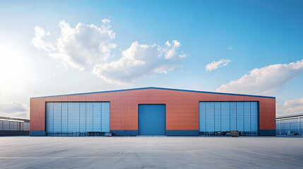 Fototapeta premium Modern Industrial Warehouse Building Exterior With Copper And Glass Facade Under Cloudy Sky