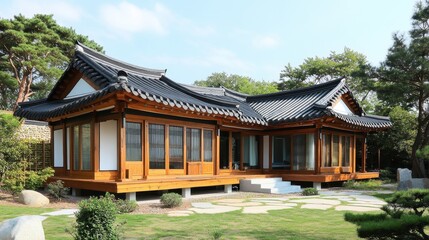 Obraz premium A traditional style house sitting on a grassy lawn outdoors