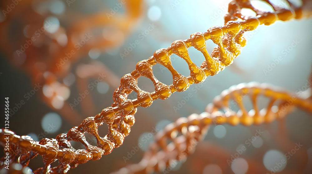 Poster detailed 3d render of a golden dna double helix structure on a blurred microscopic background