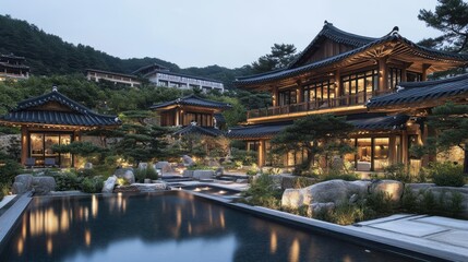 Fototapeta premium Illuminated traditional buildings and pool surrounded by gardens on a hill