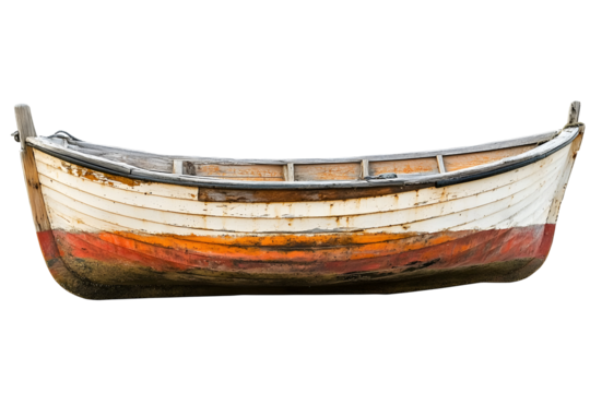 Old wooden fishing boat placed on white or transparent background, with clipping path