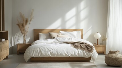 A minimalistic bedroom presents a bed with pillows and decorations
