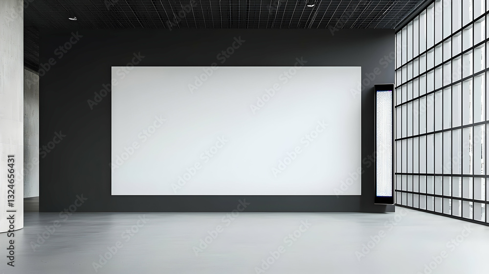 Poster large blank white rectangular canvas mockup display on a dark gray wall in a modern minimalist galle