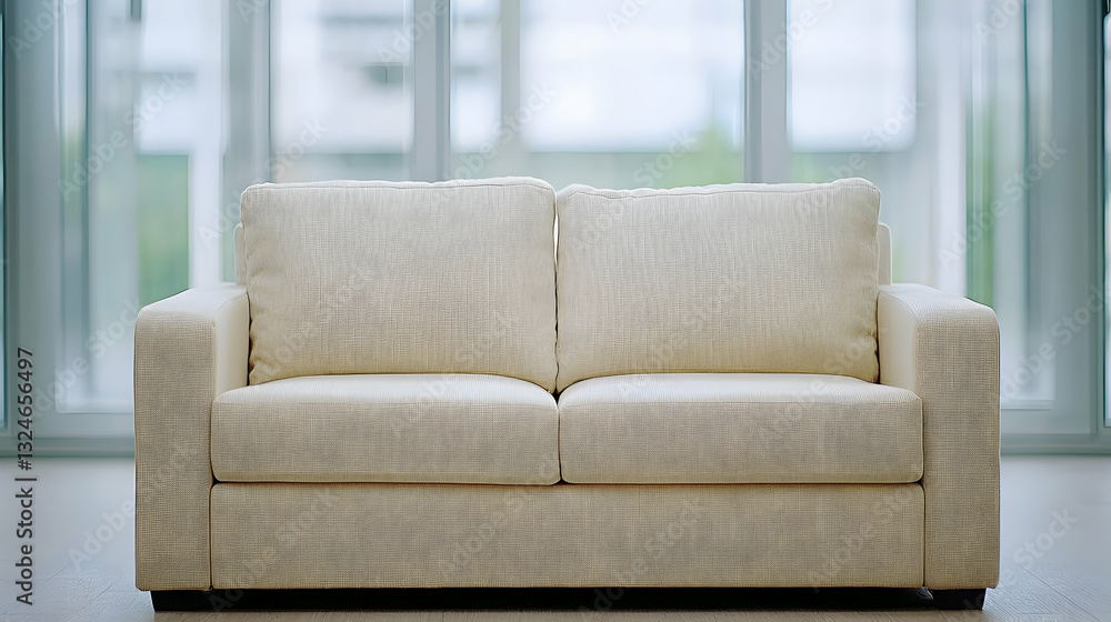 Poster elegant modern two seater sofa with patterned fabric and white frame in front of large window