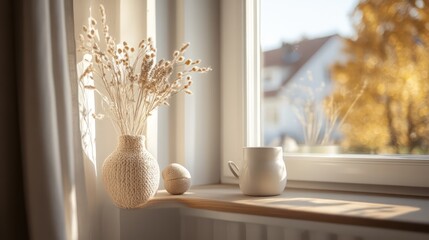 Fototapeta premium Decorative vase and cup by a bright sunlit window scene