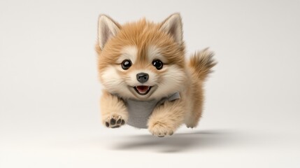 A playful Shiba Inu showcases its fluffy coat while energetically running through the air, emphasizing its cheerful spirit