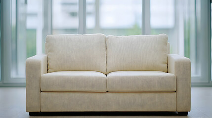 Elegant Modern Two Seater Sofa With Patterned Fabric And White Frame In Front Of Large Window