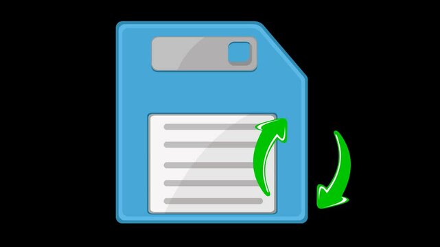 video animation arrows rotating around a floppy disk in computer files backup concept, on a transparent background with alpha channel set to zero