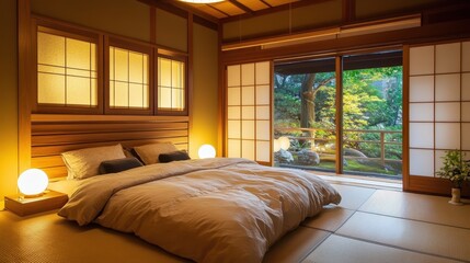 Fototapeta premium A Traditional Bedroom Features Soft Lighting And A Serene Garden View