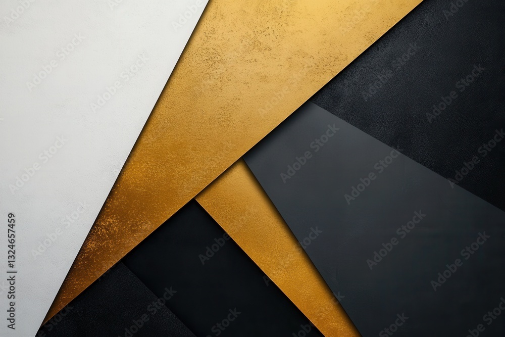 Poster dynamic geometric shapes in minimalist design featuring black, white, and gold colors creating a mod