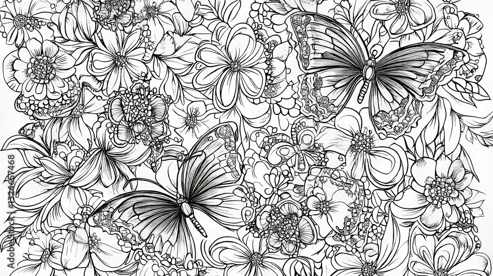 Poster coloring book for adults with butterfly designs. it's a relaxing activity that uses intricate lace p