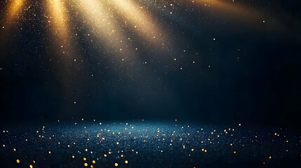 Abstract Dark Blue Background Illuminated With Golden Glittering Light Rays