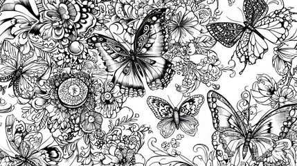 Coloring book for adults with butterfly designs to relieve stress. Tattoo idea with intricate lace patterns in black and white. 