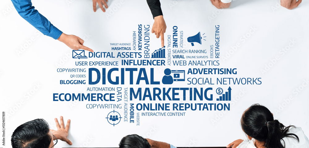 Poster A dynamic scene showcasing a collaborative team engaged in analyzing various aspects of digital marketing strategies, emphasizing social media, branding, and analytics. Amity
