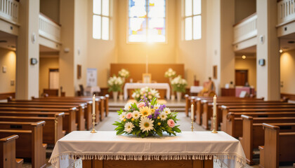 Easter altar adorned with flowers in church interior, celebration of faith