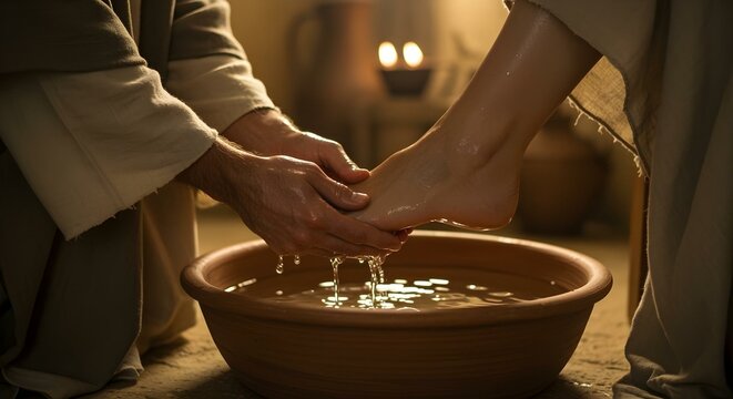 Jesus Washing a Disciple&rsquo;s Feet in an Act of Humility