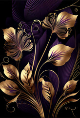 Luksusowa ilustracja kwiatowa – złoto-fioletowy wzór na czarnym tle, elegancka roślinna grafika, artystyczna kompozycja w stylu glamour, dekoracyjna sztuka cyfrowa, florystyczny ornament, romantyczny 