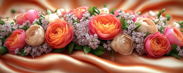 Fototapeta premium Vibrant orange and pink roses with white flowers on satin fabric background