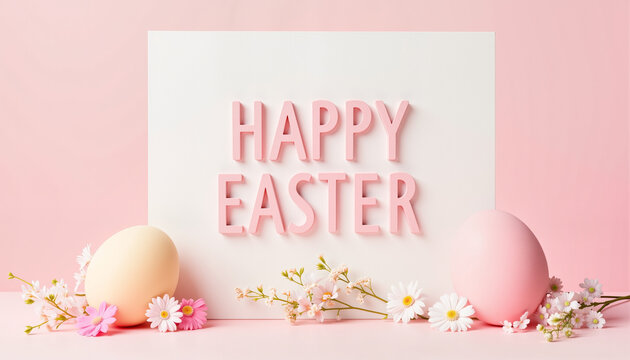 Elegant Easter card with 3D typography on pastel backdrop, festive greeting