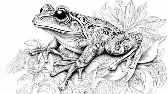 Coloring page with a frog design, suitable for adults who want to relax and relieve stress. It features a lace pattern with black and white lines, which can also be used as a tattoo stencil.  