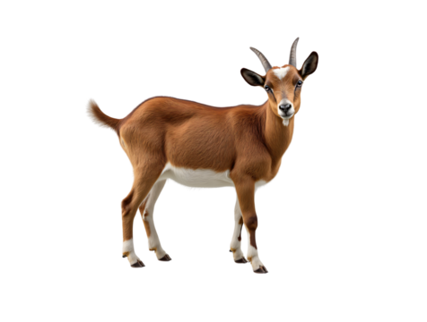 a reddish-brown goat standing on a white background. It has short horns, a white patch on its forehead, and a small white tail. 