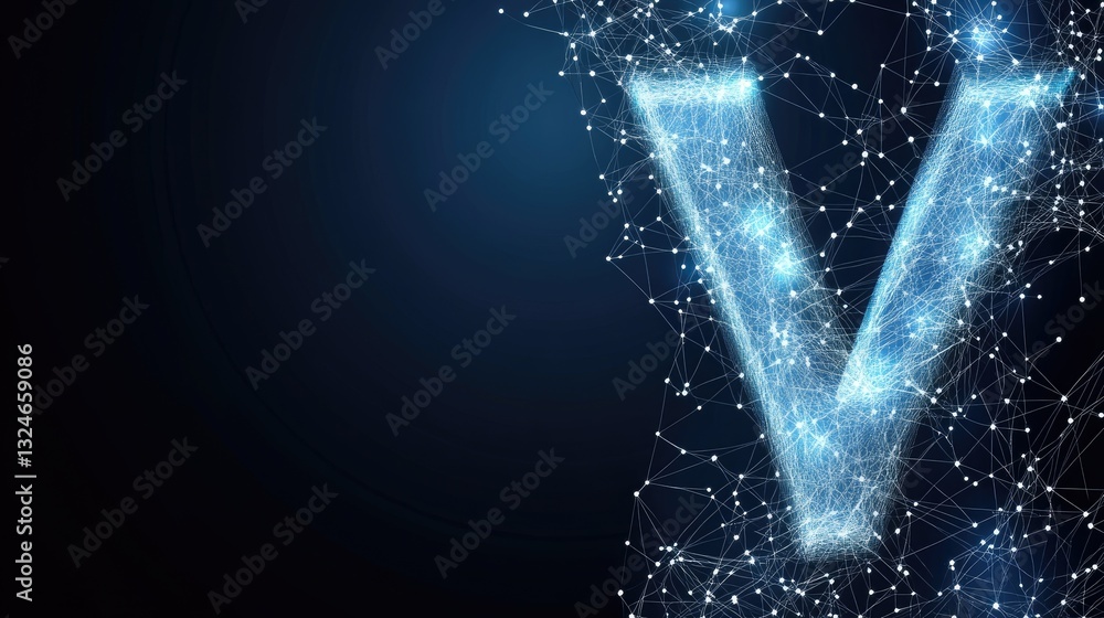 Poster glowing blue and orange lights form a digital wave pattern made of dots, creating an abstract backgr