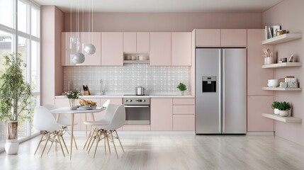 Fototapeta premium A modern kitchen space with a dining area and appliances