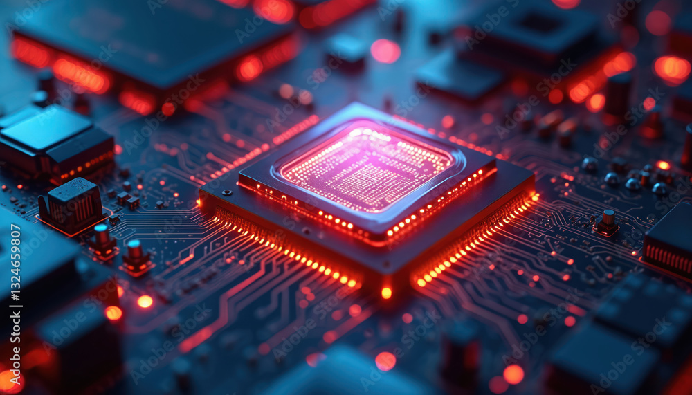 Poster Futuristic glowing CPU on circuit board. Hi-tech microchip processor close-up shows complex data processing, advanced computing power. Perfect for digital tech, AI, quantum computing, machine