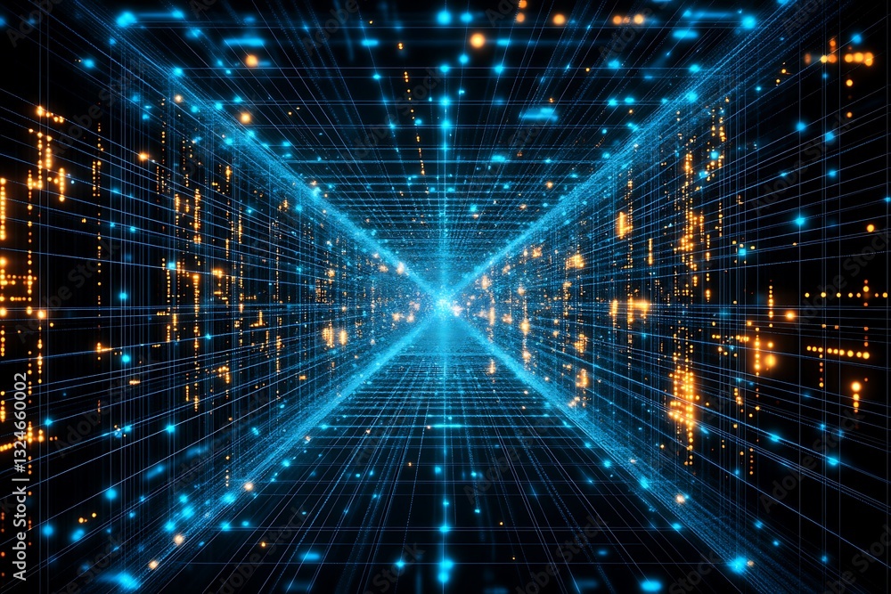 Poster abstract representation of data flow through a digital network tunnel