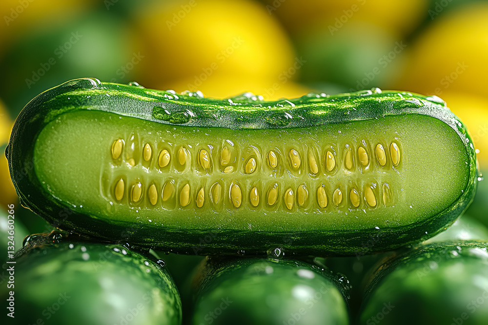 Poster cucumber is sliced open, revealing its seeds. the cucumber is surrounded by other cucumbers, creatin