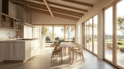 Fototapeta premium Interior view showing a modern kitchen with dining area and windows