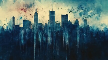Abstract Blue Watercolor Painting Depicting Tall City Buildings in Detail