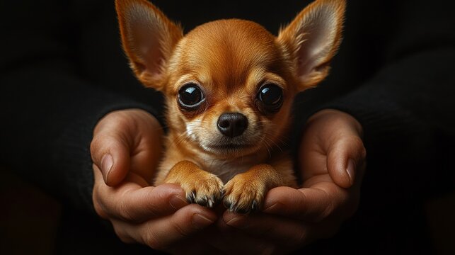 A Chihuahua Dog in the Hands of its Owner in Natural Light with Hyperrealistic Details