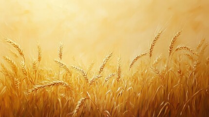 A beautiful painting depicts a golden wheat field at dawn