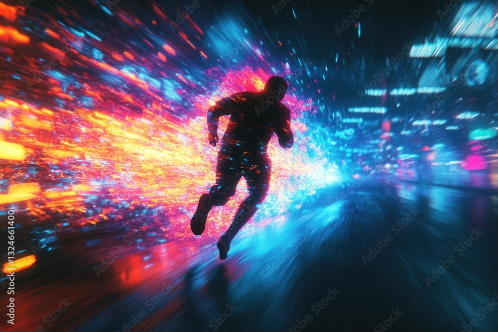 Aufkleber Sprinter dashes through neon bursts in a cyberpunk city, creating a dynamic visual of motion and energy at night