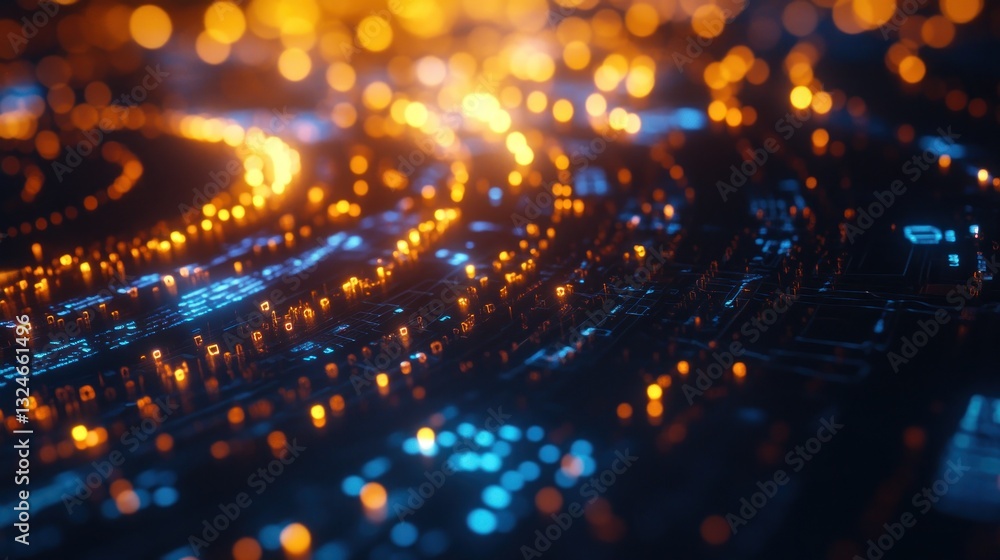 Wall mural futuristic circuit board with glowing lights and data flow visuals