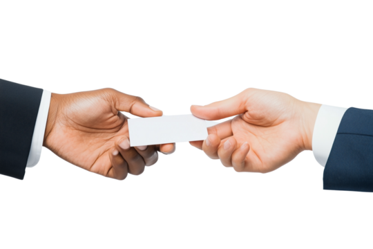 Business handshake exchanging a blank business card on a white background