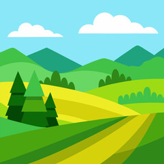 Fototapeta premium Green meadows and green fields vector landscape vector.