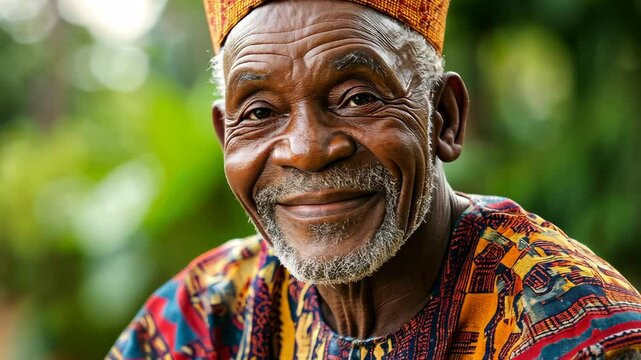 Elderly man smiling gently amidst lush greenery in traditional attire