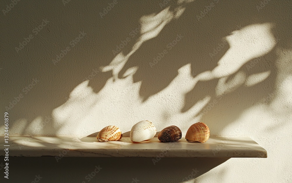 Poster seashells on shelf with leaf shadows