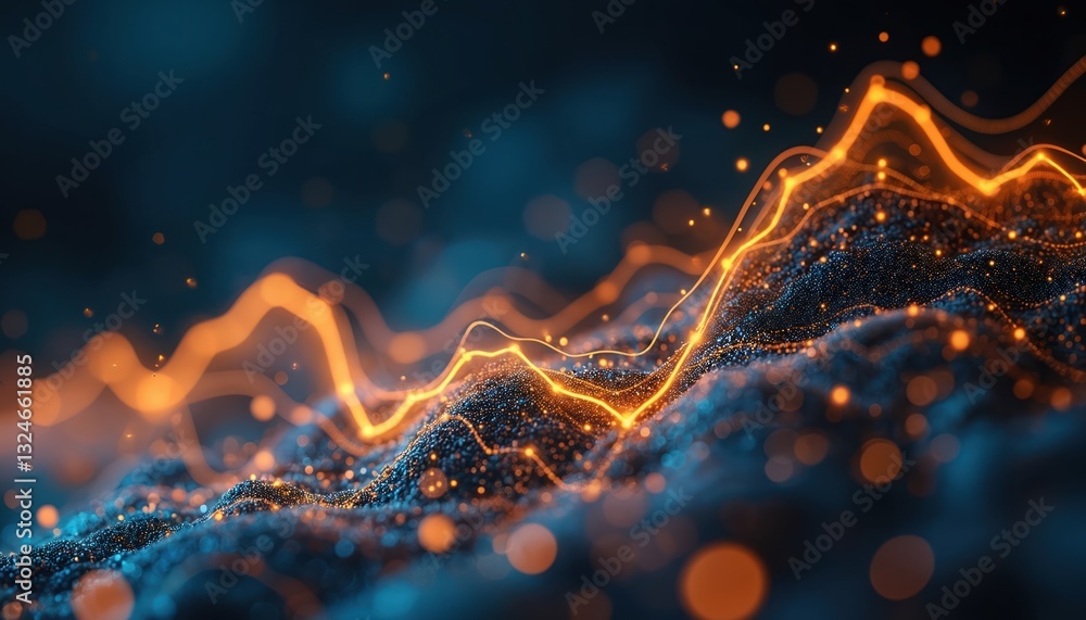 Aufkleber Abstract AI data visualization. Futuristic graph shows business performance, strategic development in orange glowing lines on dark blue background. Perfect as data analytics background for hi-tech